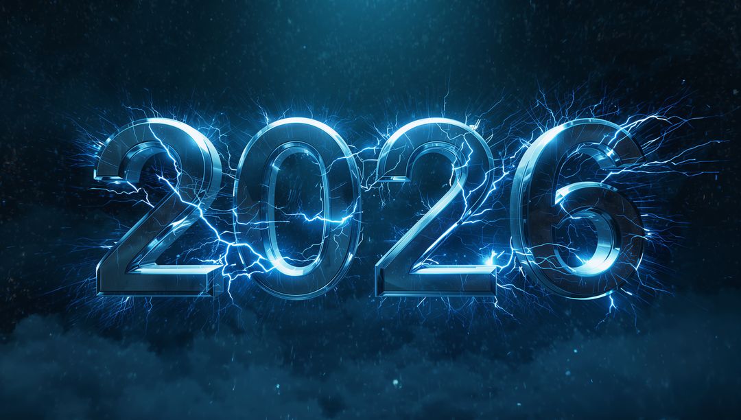 Electrified 2026 Neon Numerals Charging with Blue Lightning and Cinematic Mist