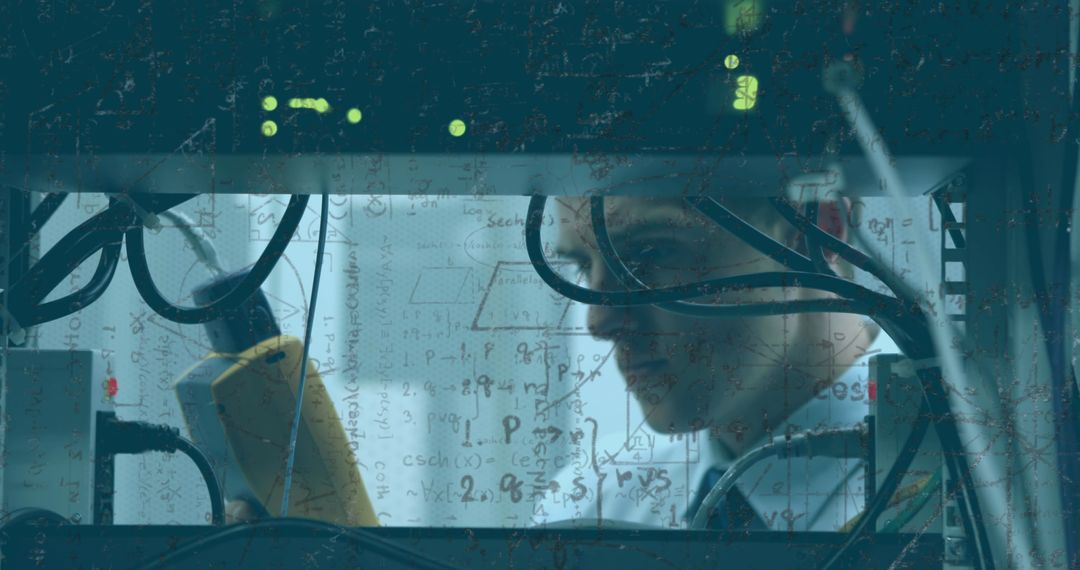 Engineer Analyzing Data in Technology Room with Math Overlay