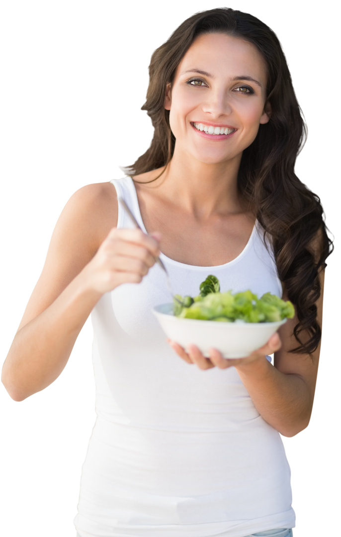 Smiling Caucasian Woman Eating Salad Bowl on Transparent Background - Download Free Stock Images Pikwizard.com