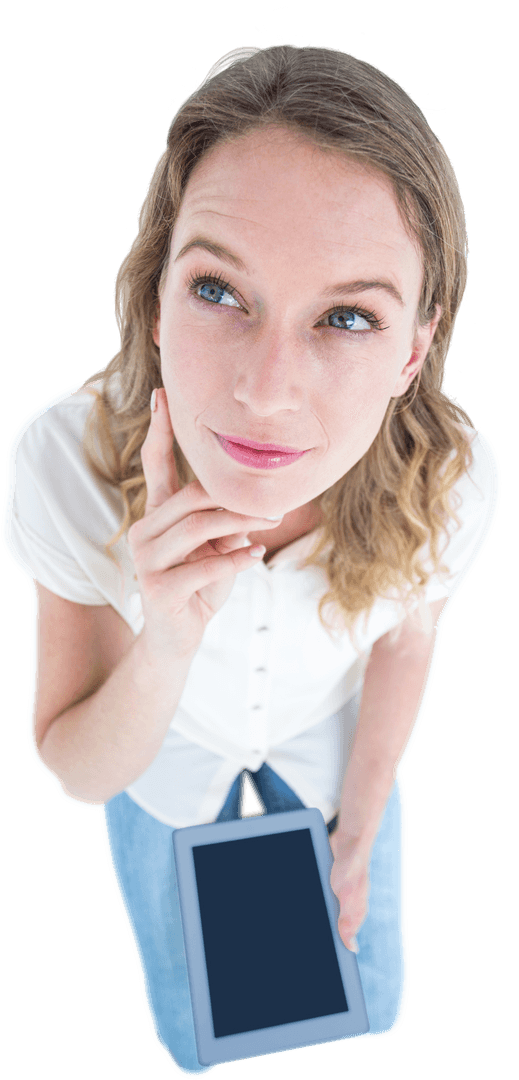 Thoughtful Woman Holding Tablet Displaying Blank Screen