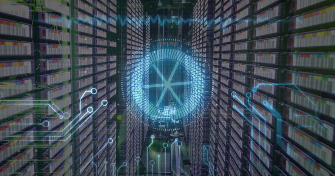 Futuristic Neon Scanner in data server center, 3d Tech concept