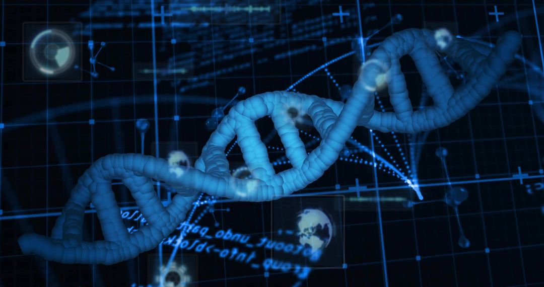 DNA Double Helix Twisting Through Digital Grid Visualizing Genome Data and Biotech Networks