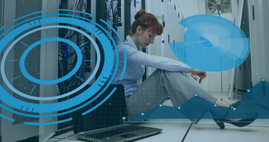 Tired Businesswoman Working in Futuristic Data Center with Digital Overlay