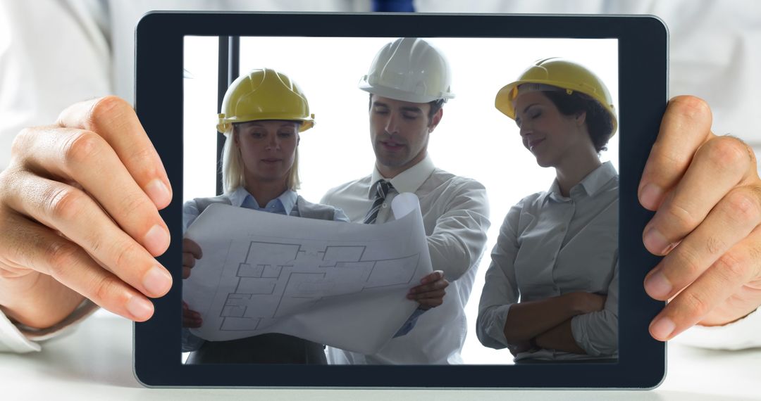 Architect Team Reviewing Blueprint on Digital Tablet