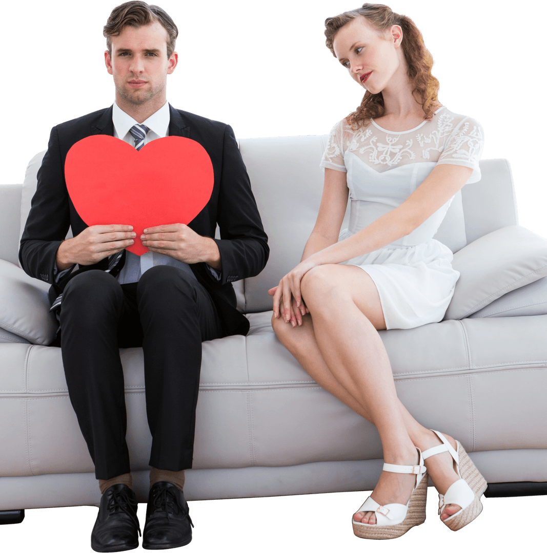 Couple on Couch with Man Holding Red Heart Cutout