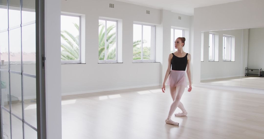 Ballerina Practicing in Sunlit Studio with Palm Tree View - Free Images, Stock Photos and Pictures on Pikwizard.com