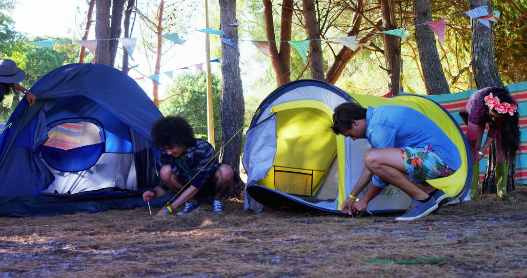 Friends Pitching Tents at Forest Campground - Free Images, Stock Photos and Pictures on Pikwizard.com