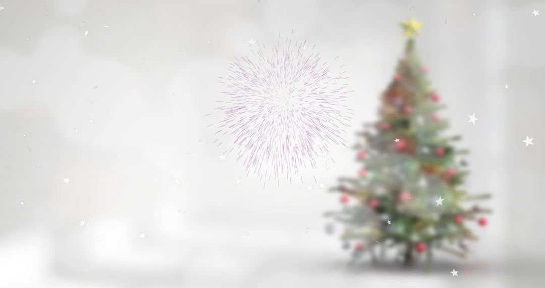 Snow and Fireworks Over Christmas Tree in Festive Winter Scene