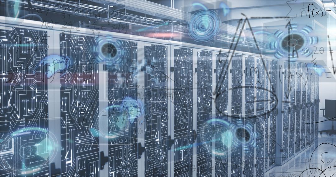 Futuristic Supercomputer Server Room with Mathematical Projections