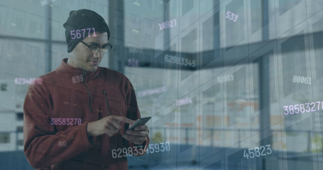 Tech-Savvy Professional Using Smartphone with Data Overlay