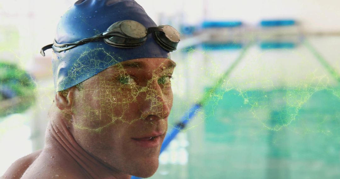 Swimmer with Digital Network Overlay in Indoor Pool