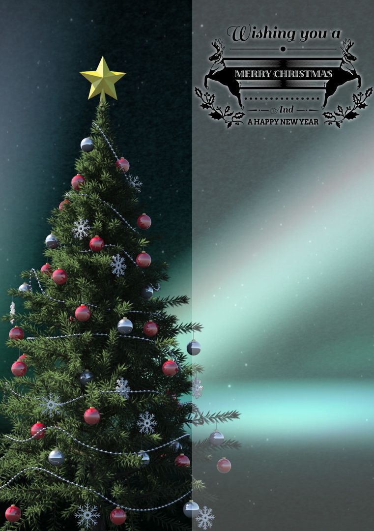 Festive Christmas Card Design with Decorated Tree and Snow