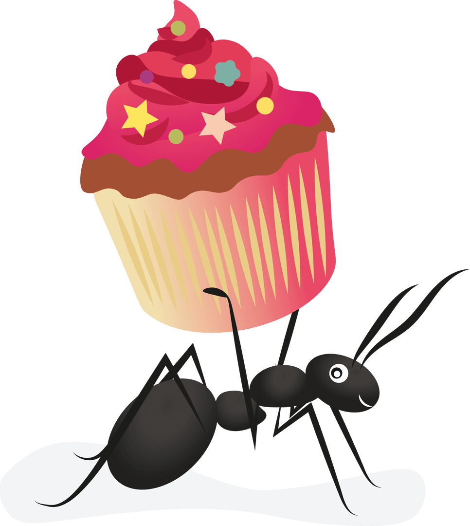 Ant Holding Colorful Cupcake on Transparent Background