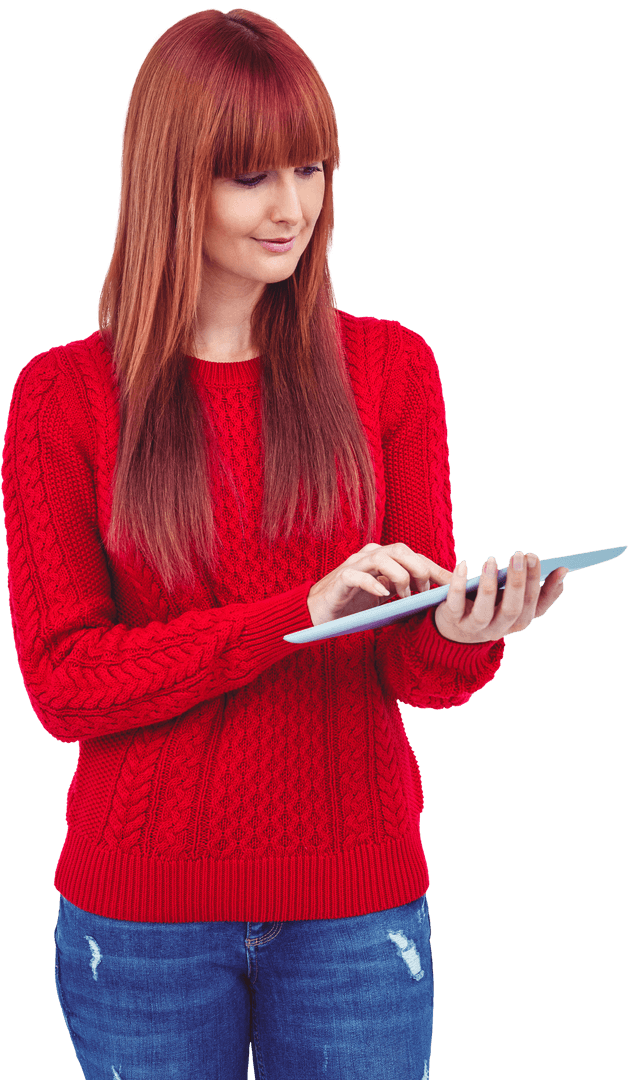 Transparent Background of Woman in Red Sweater with Tablet