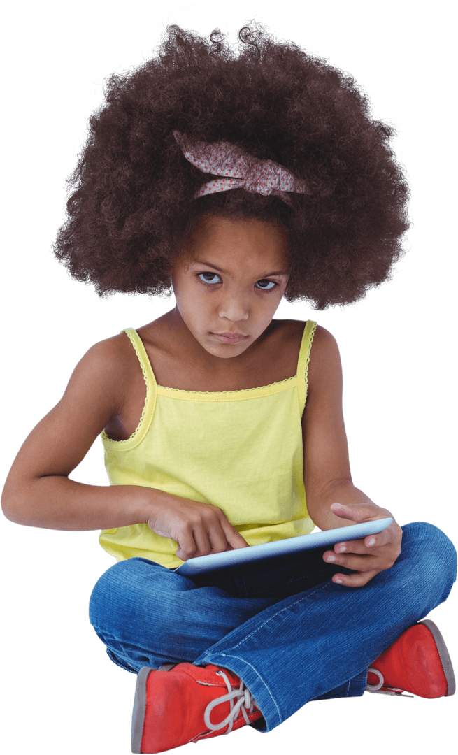Portrait of African American Girl Using Tablet on Transparent Background