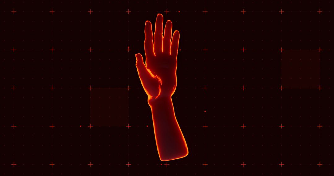 Holographic Hand with Red Glow on Black Background