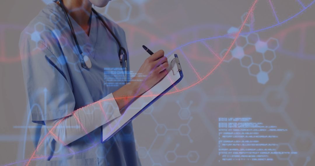 Doctor Analyzing Data with Digital DNA Overlay