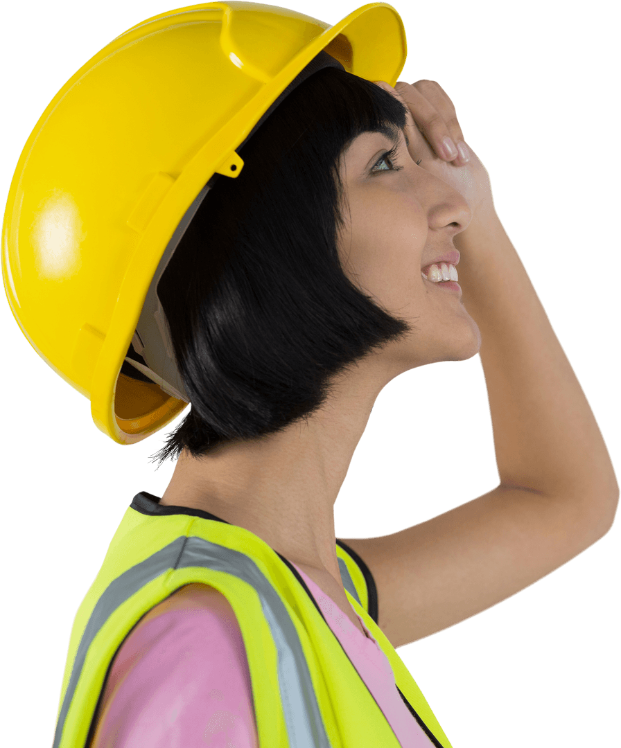 Smiling Female Architect In Reflective Vest And Transparent Safety Hat