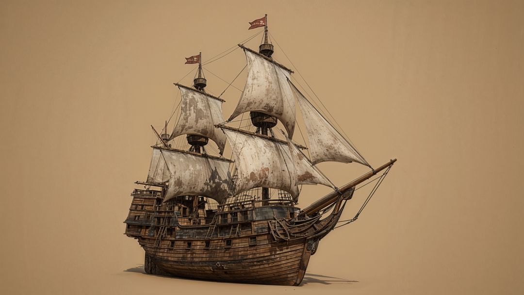 Vintage three-masted pirate ship with red pennants depicts maritime heritage