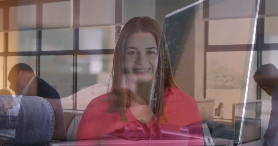 Double Exposure of Businesswoman and Busy Office Environment