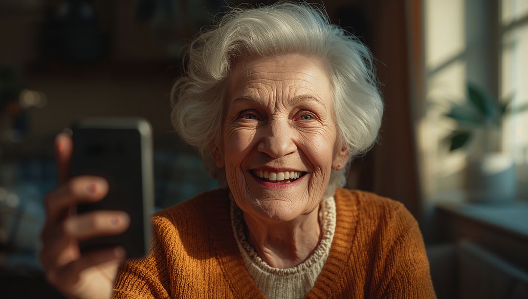 Joyful Elderly Woman Using Smartphone at Home