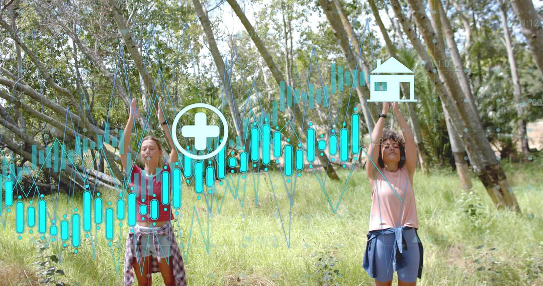 Women practicing mindfulness and visualizing growth in sunlit forest with teal data overlay