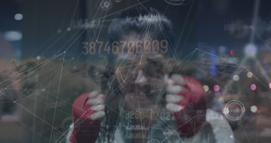 Boxer with Digital Network and Cityscape Overlay