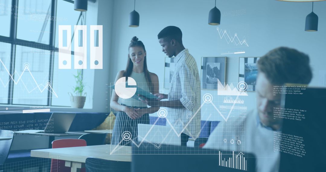 Coworkers Analyzing Reports with Digital Graphs in Modern Office