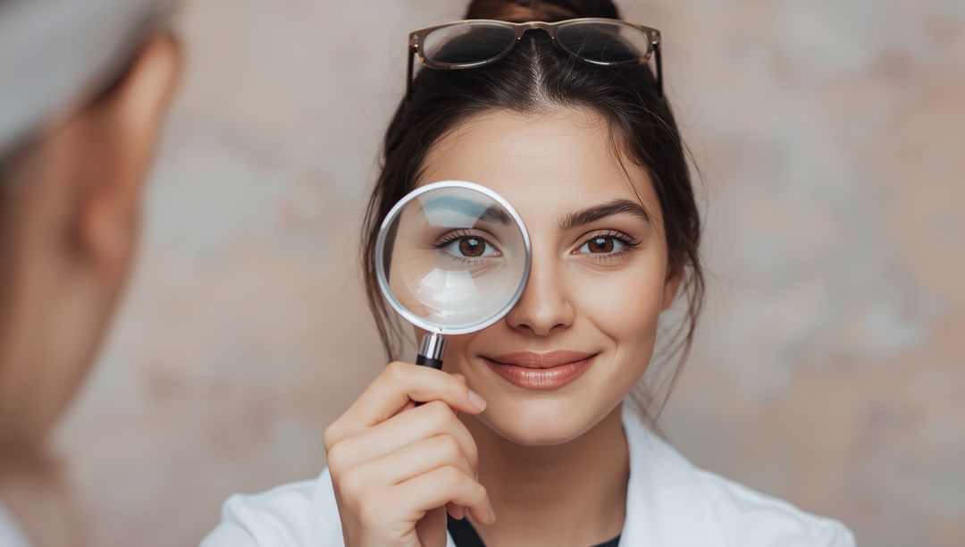 Smiling Scientist Holding Magnifying Glass Conducting Precision Research