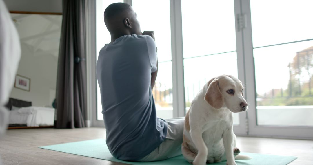 Young Man Practicing Yoga with Dog Indoors by Large Window - Free Images, Stock Photos and Pictures on Pikwizard.com