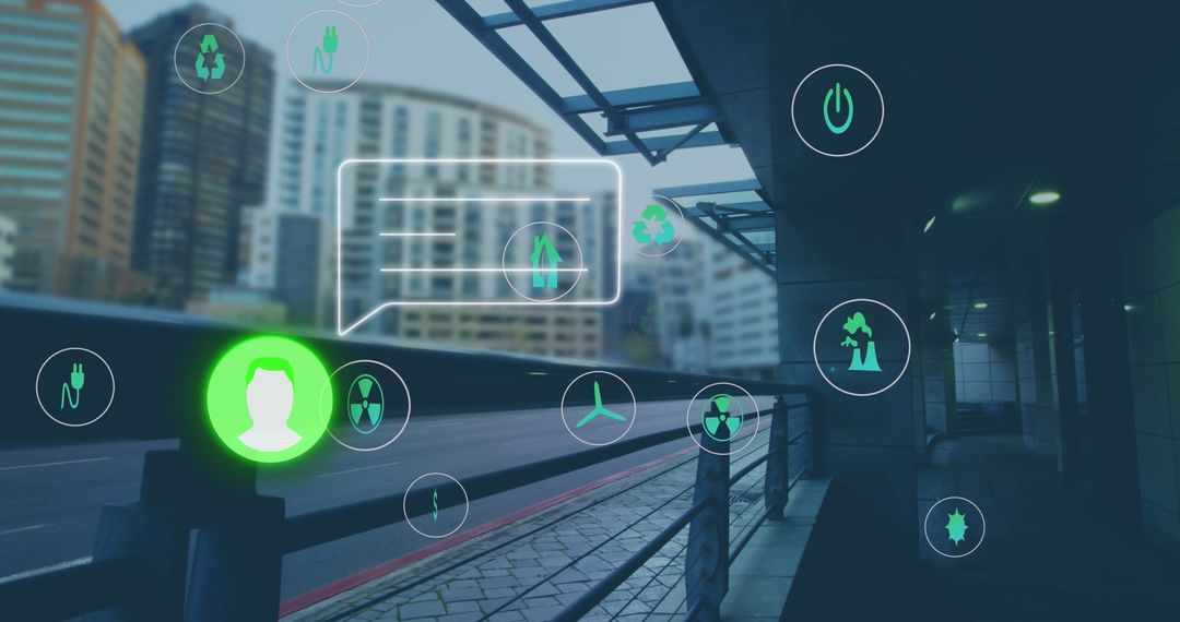 Digital Interface Overlaying Urban Cityscape Representing Data Flow