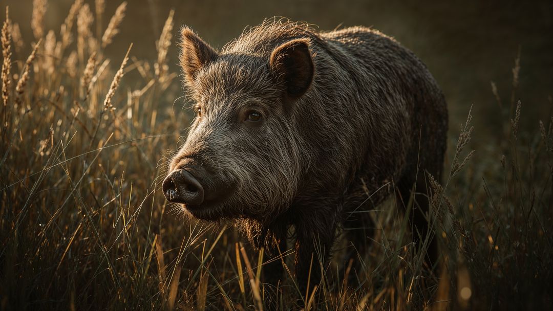 Wild Boar Strolling Through Tall Grass at Dawn