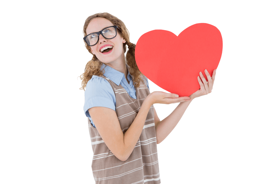 Joyful Nerd Woman Holding Red Heart on Transparent Background