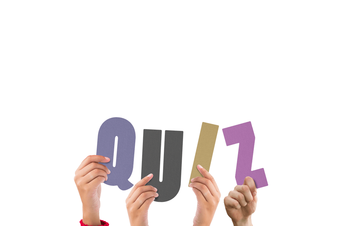 Colorful Hands Holding Quiz Letters on Transparent Background