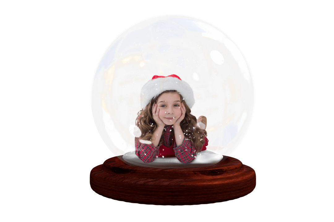Caucasian Child in Snow Globe with Christmas Hat on Transparent Background
