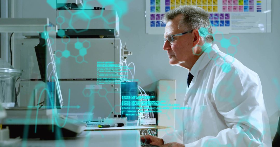 Scientist Analyzing Data in Laboratory with Technological Overlay