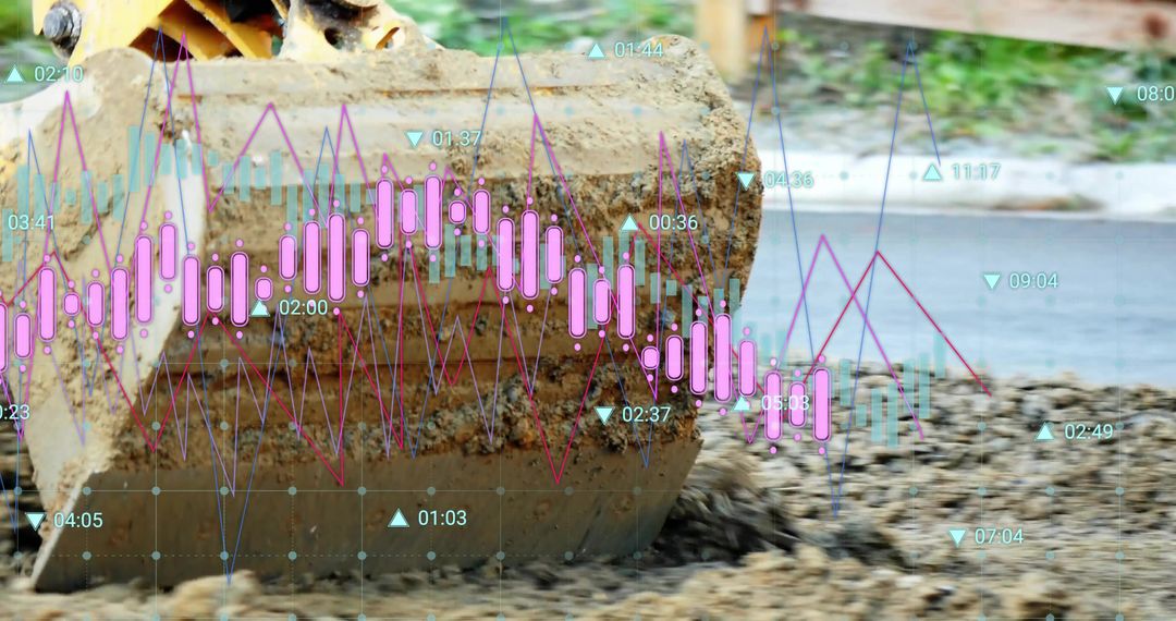 Excavator Bucket Carrying Mud and Gravel with Magenta Data Overlay for Construction Analytics