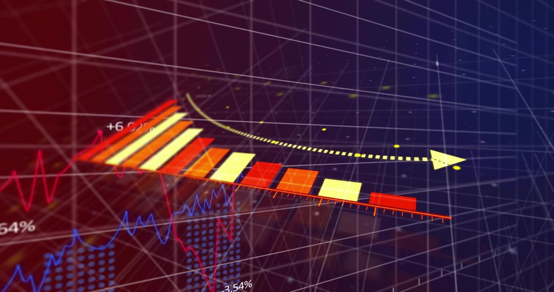 Futuristic 3D Financial Dashboard Displaying Gradient Bar Chart with Trajectory Arrow