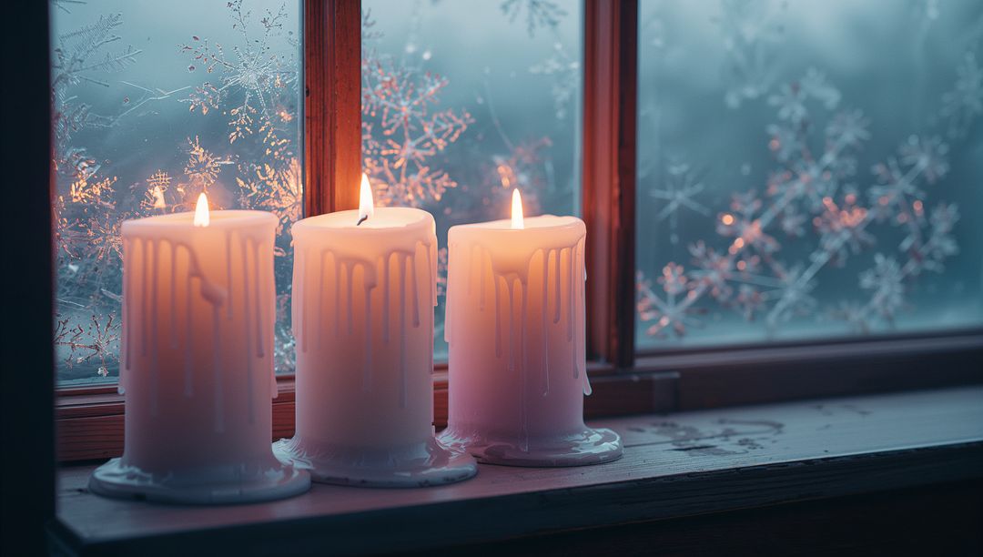 Cozy Scene with Flickering Candles on Frosty Windowsill