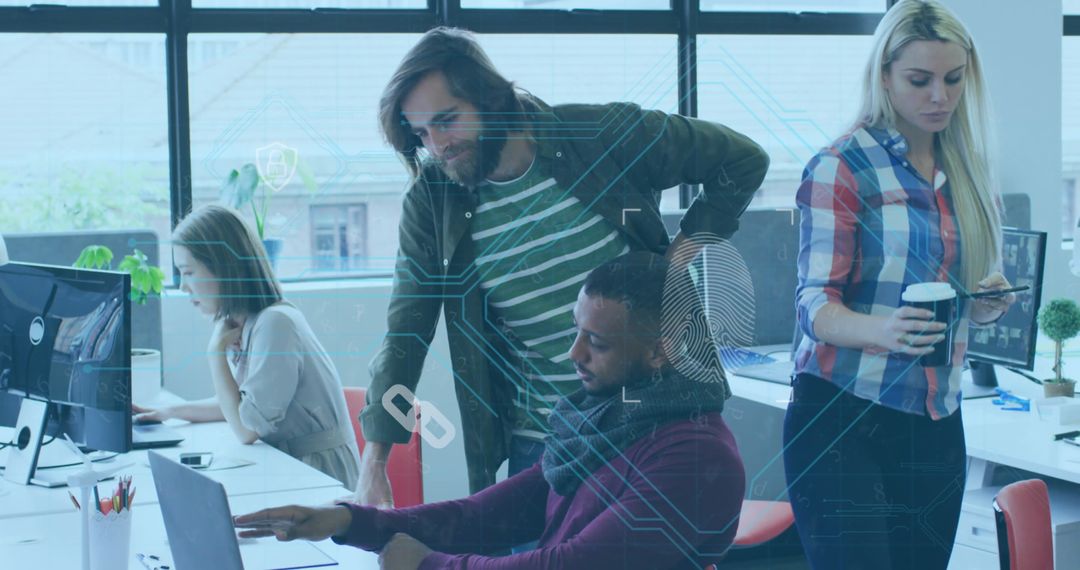 Modern Team Collaboration in Open-Plan Office with Tech Overlay