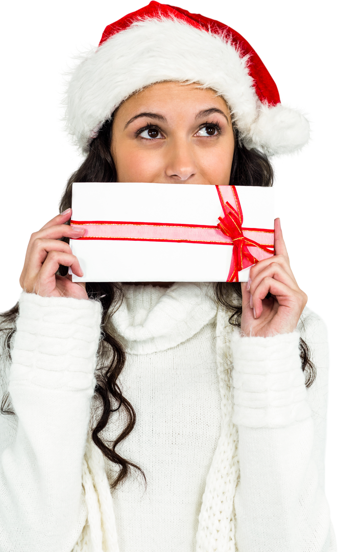 Woman in Santa hat hiding smile with red ribbon gift on transparent background - Download Free Stock Images Pikwizard.com