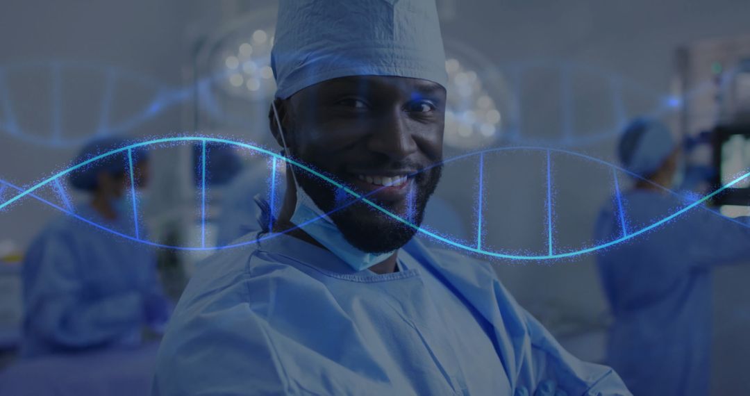 Smiling Surgeon with Digital DNA Strand Overlay