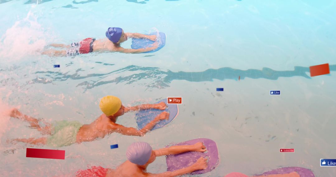 Kids practicing kickboard drills in pool wearing colorful caps and trunks, teamwork training session