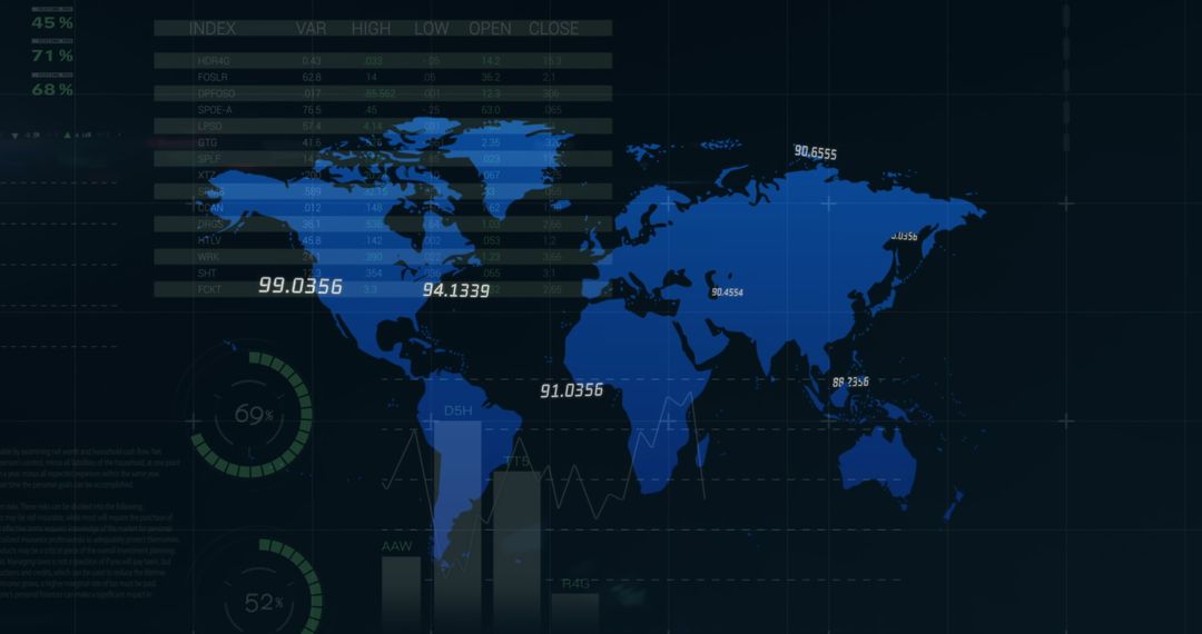Global Financial Data Overlay World Map on Black Background