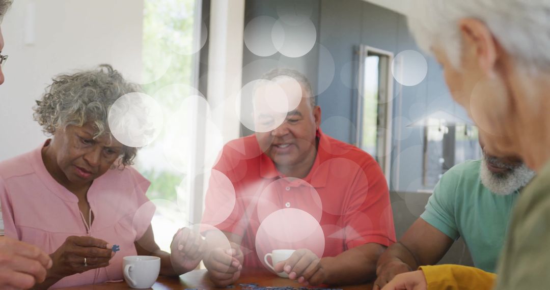 Senior Friends Collaborating on Jigsaw Puzzle at Home