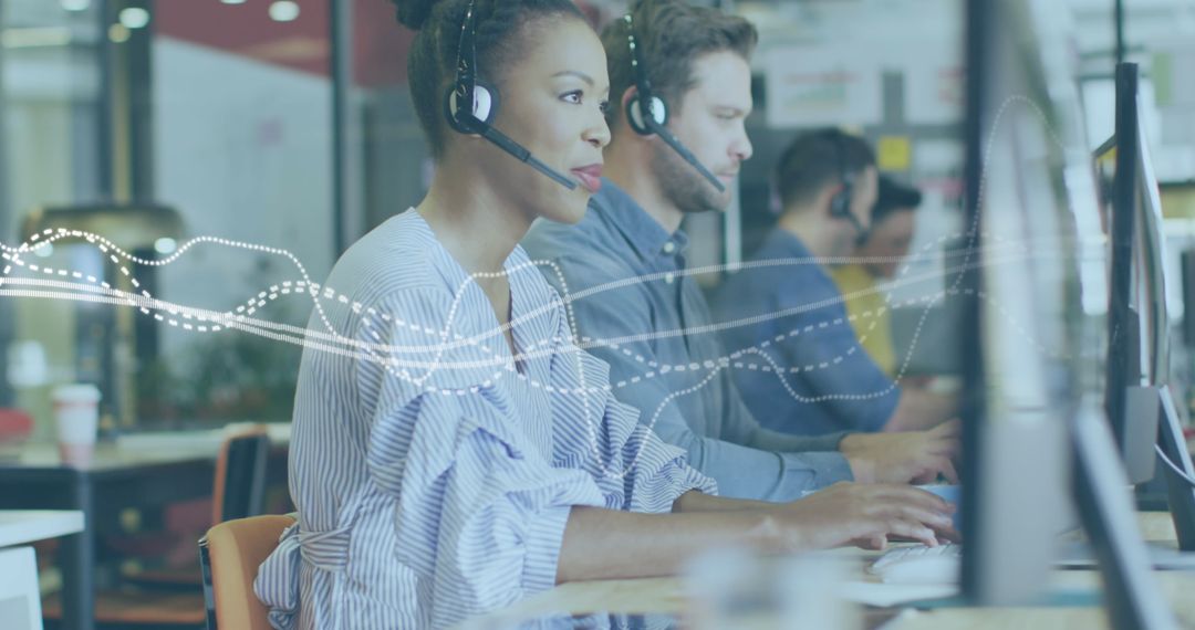 Digital Interface Overlay on Diverse Customer Service Team