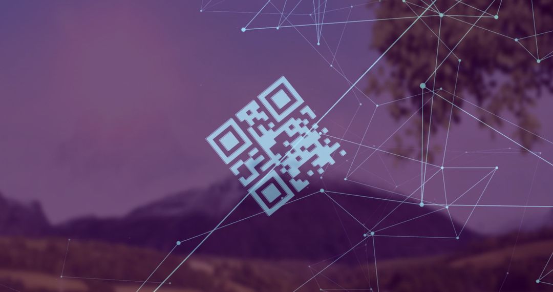 Futuristic QR Code with Digital Network Overlay above Mountain Landscape