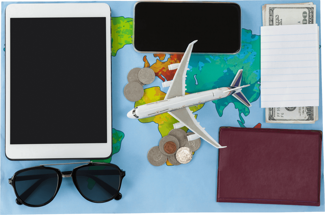 Transparent Travel Essentials on World Map with Airplane Model