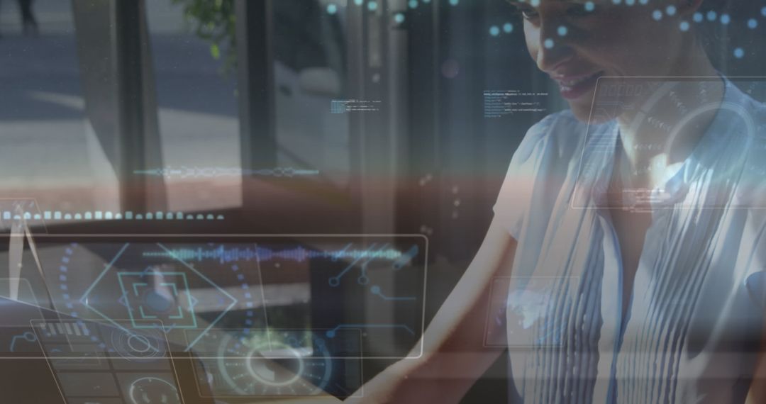 Caucasian Woman Using Laptop with Virtual Interface in Cafe