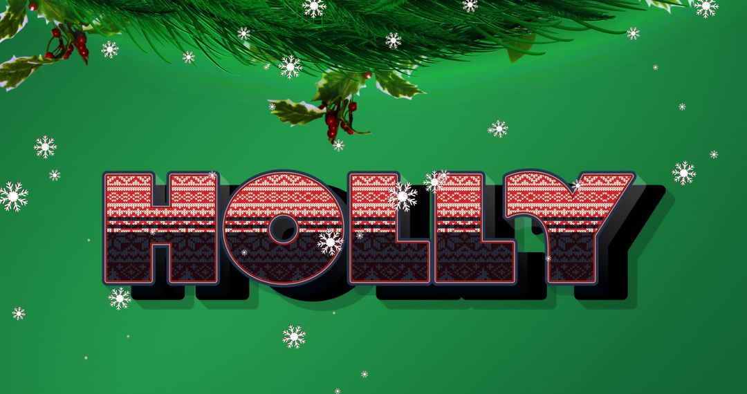 Festive 'Holly' Text with Snow and Tree Branches on Green Christmas Background